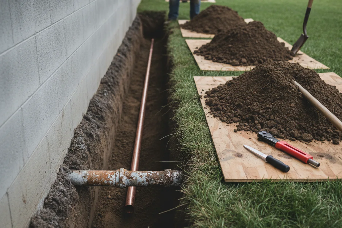 Excavated water line trench during Water Heater Repair in Bath